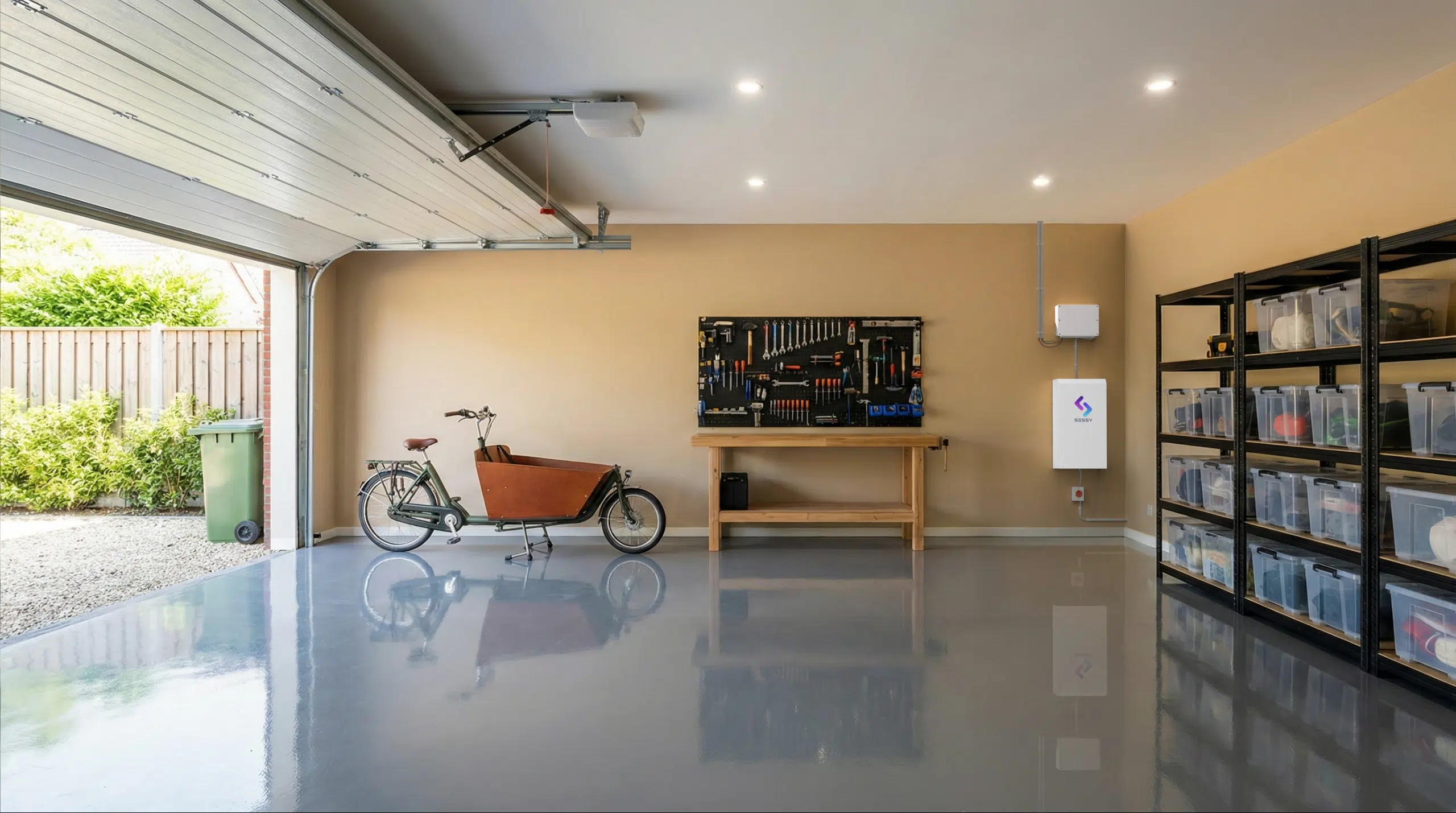 Sessy thuisbatterij van 10 kWh aan de muur in een garage, geïnstalleerd door Houvolt