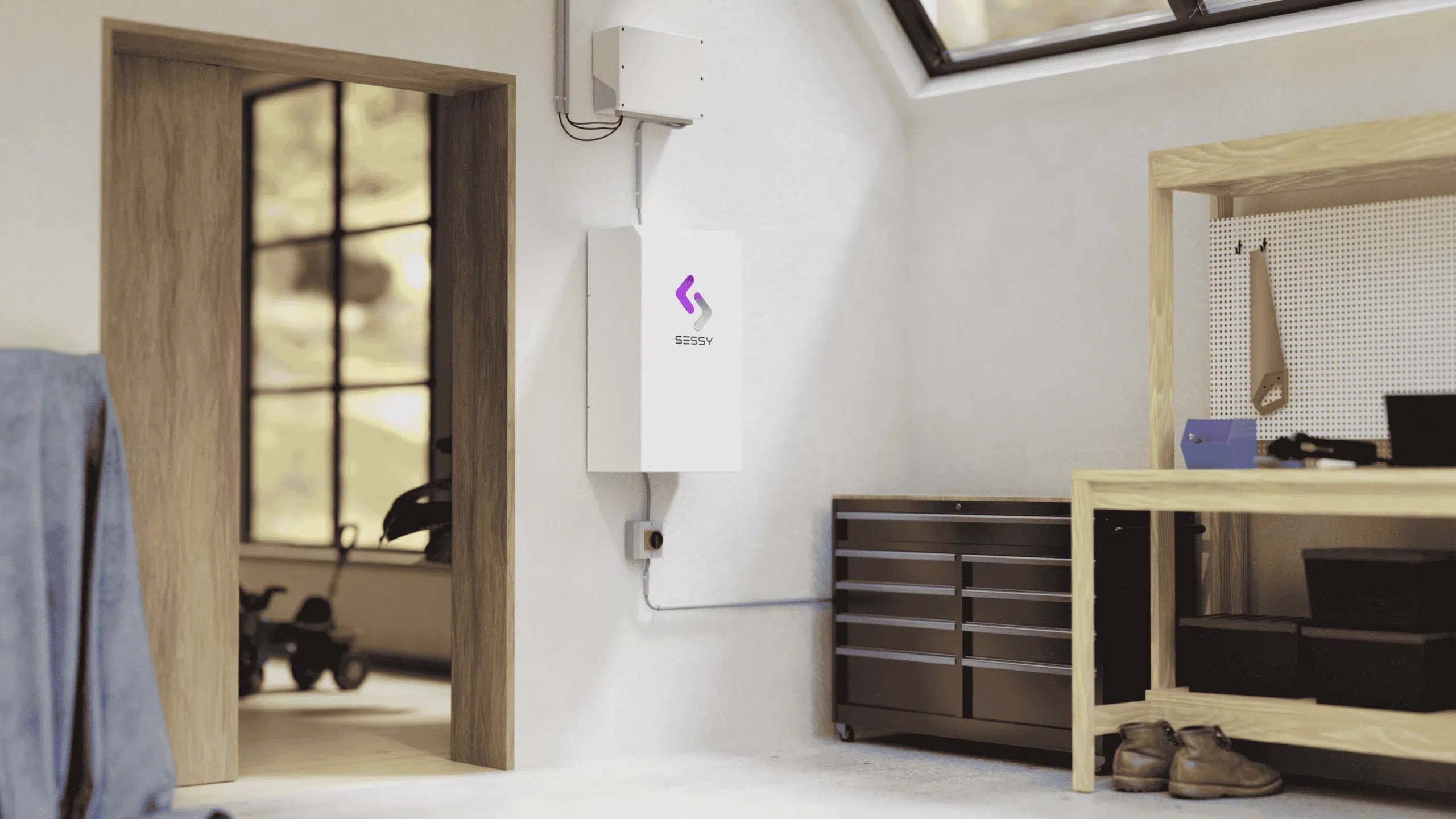 Sessy thuisbatterij 5 kWh als wandmodel gemonteerd in een bijkeuken