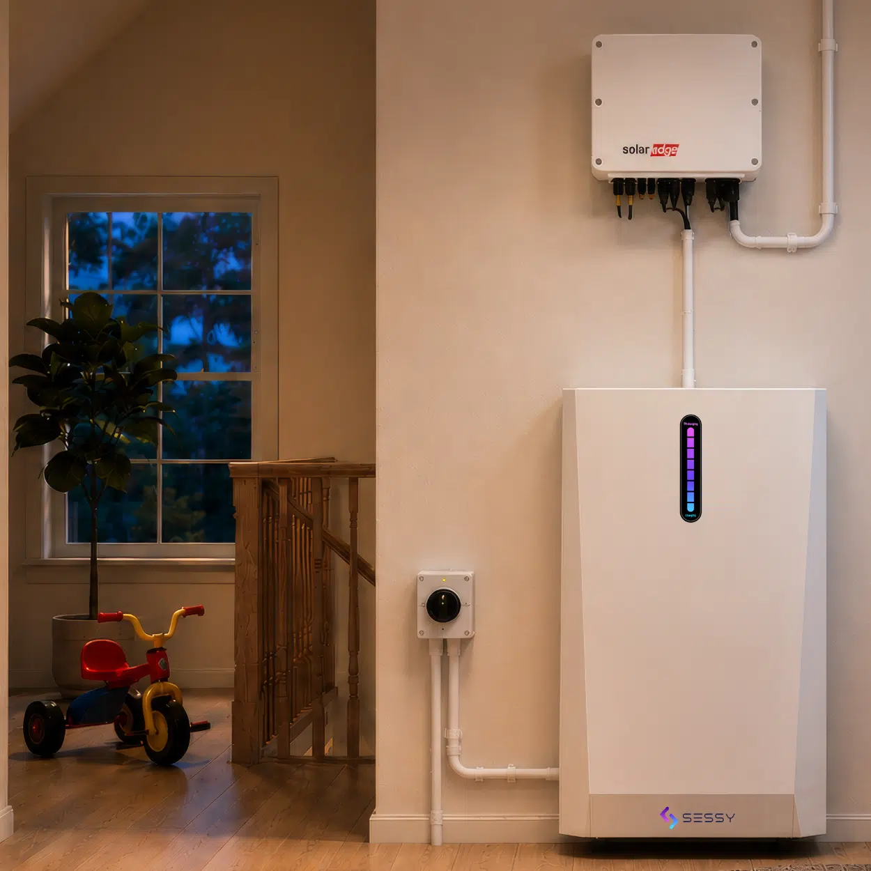 Sessy Plus thuisbatterij van 15 kWh als vloermodel naast een SolarEdge omvormer